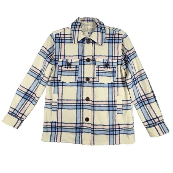 Gap‎ Jacket Women XS Navy Pink Plaid Shirt Jacket Fleece Shacket Casual Normcore - Picture 1 of 9